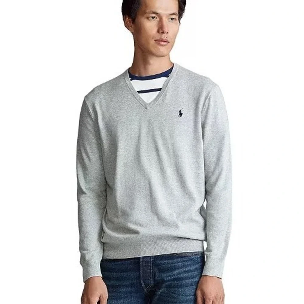 Polo‎ Ralph Lauren Mens V Neck Sweater Light Gray 100% Pima Cotton Preppy